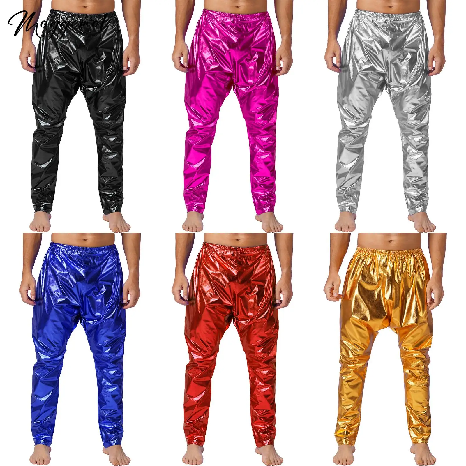 Mens Metallic Shiny Long Pants Hip Hop Dance Jazz Trousers Solid Color Lightweight Harem Pants for Disco Party Stage Performance