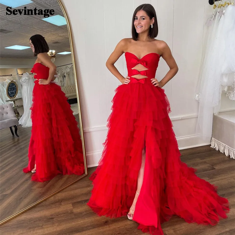 

Sevintage Elegant Red Prom Dress Tulle A-Line Sweetheart Sleeveless Tiered Formal Evening Dress Slit Floor Length Party Gowns