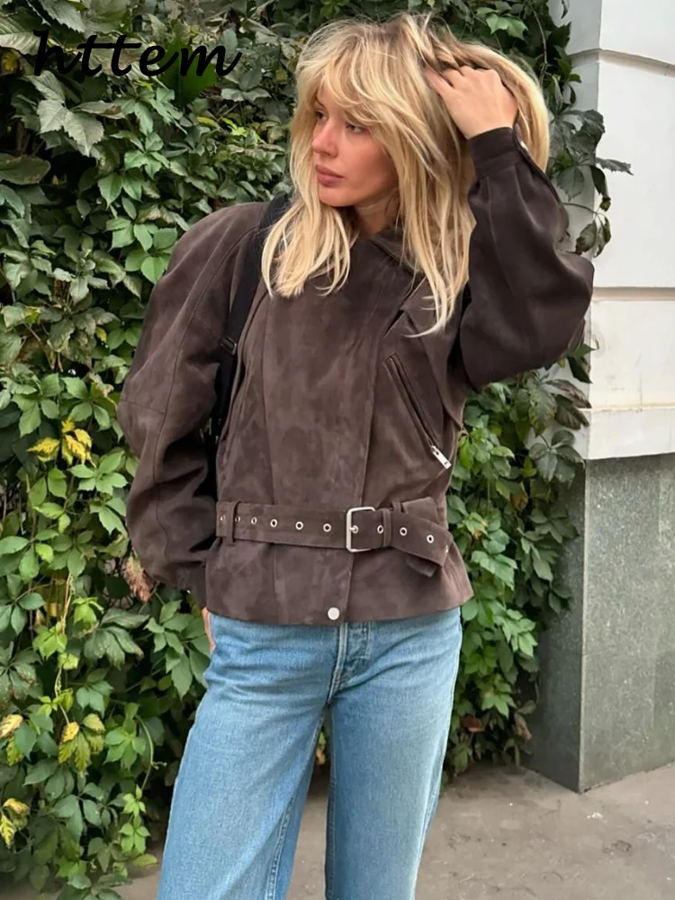 

Street Women's Belt Short Suede Jackets Vintage Lapel Puff Sleeve Zipper Female Coats 2025 Spring Lady Fashion Patchwork Outwear
