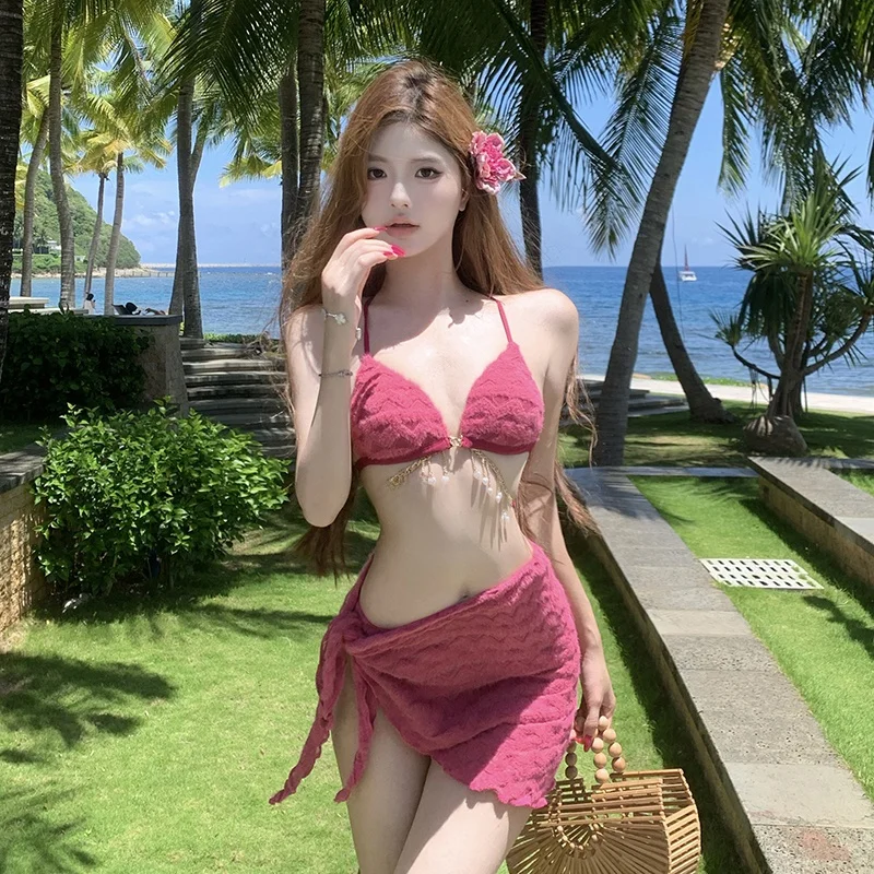 

White Enhancing Bikini Swimwear Women's Skirt Style Two-Piece Chain Set Pure Desire New 2025 Island Listening Wind Series