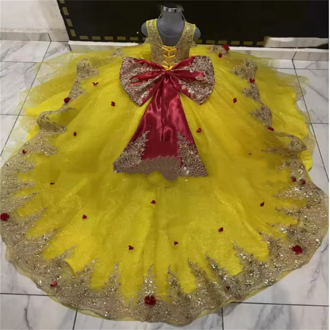 

Yellow Flower Girl Dress For Wedding Tulle Puffy With Red Bow Shiny Kids Birthday Party First Communion Ball Gowns Customized