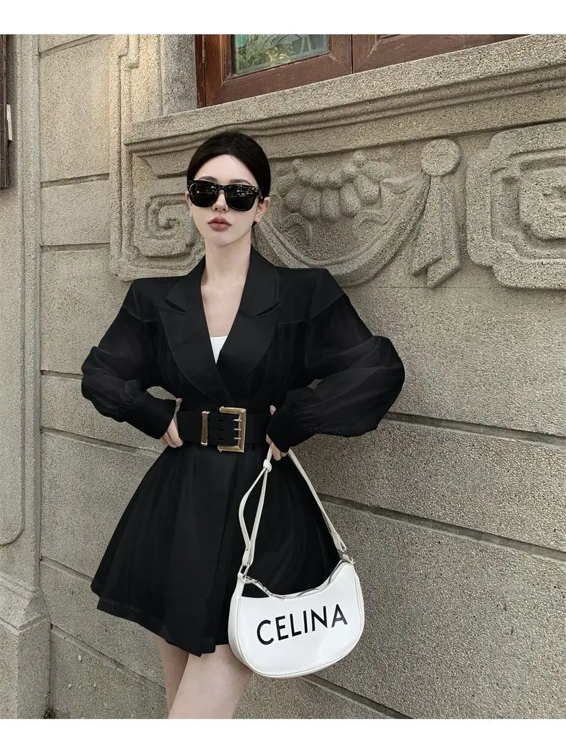 Shirt Women Korean White Breathable Mesh Coat Patchwork Loose Belt Thin Suit Jacket Female Spring Summer Long Sleeve Tops