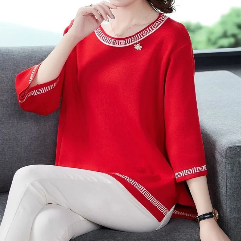 Korean Fashion Women Clothing 3/4 Sleeve T-shirt Elegant Vintage Spring Summer Big Size Loose Pullover Oversized Casual Midi Top