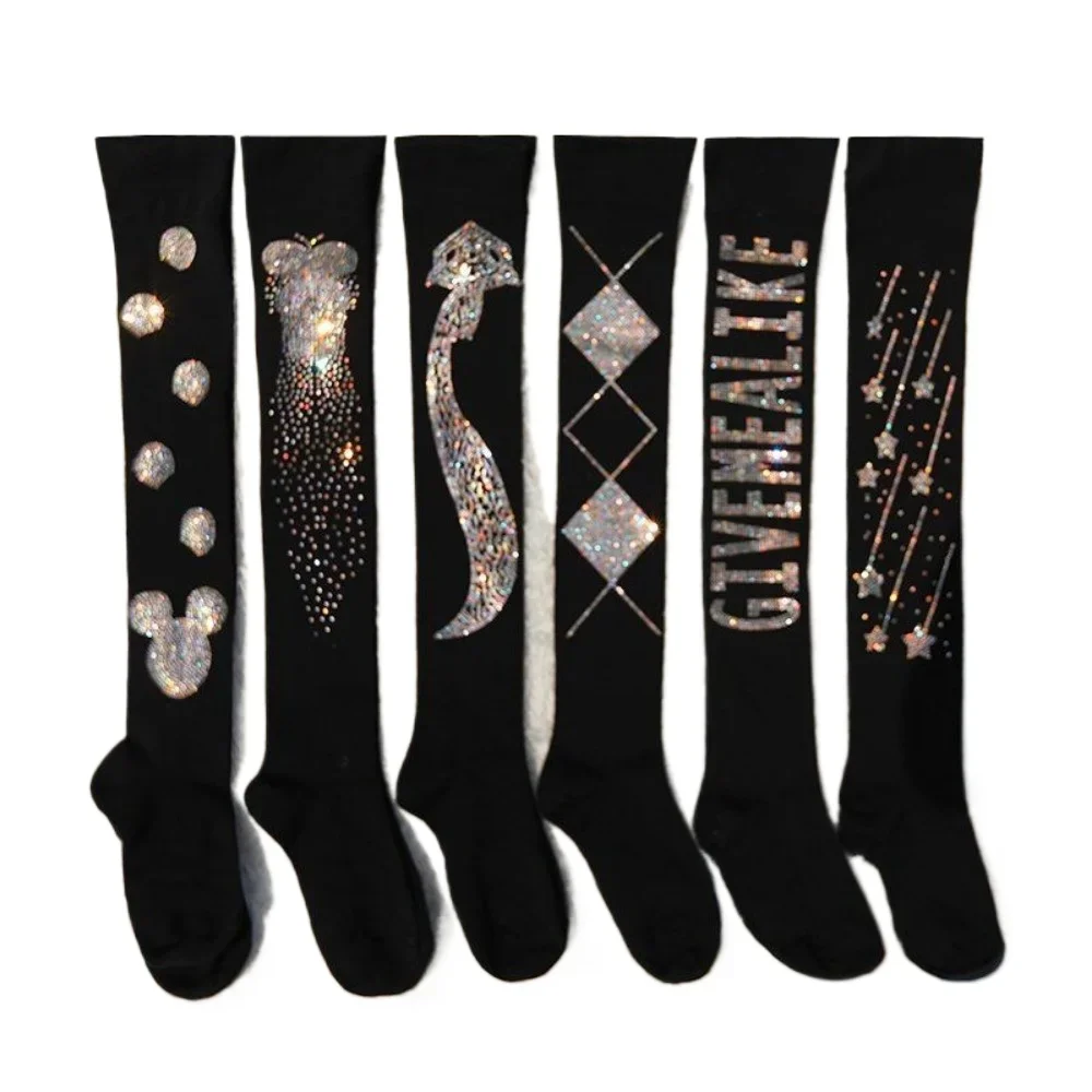 Trendy Women's Black Slim Fit Sexy One-piece Socks Colorful Rhinestone Leggings Cotton Warm Stockings Bright Diamond Stockings 1