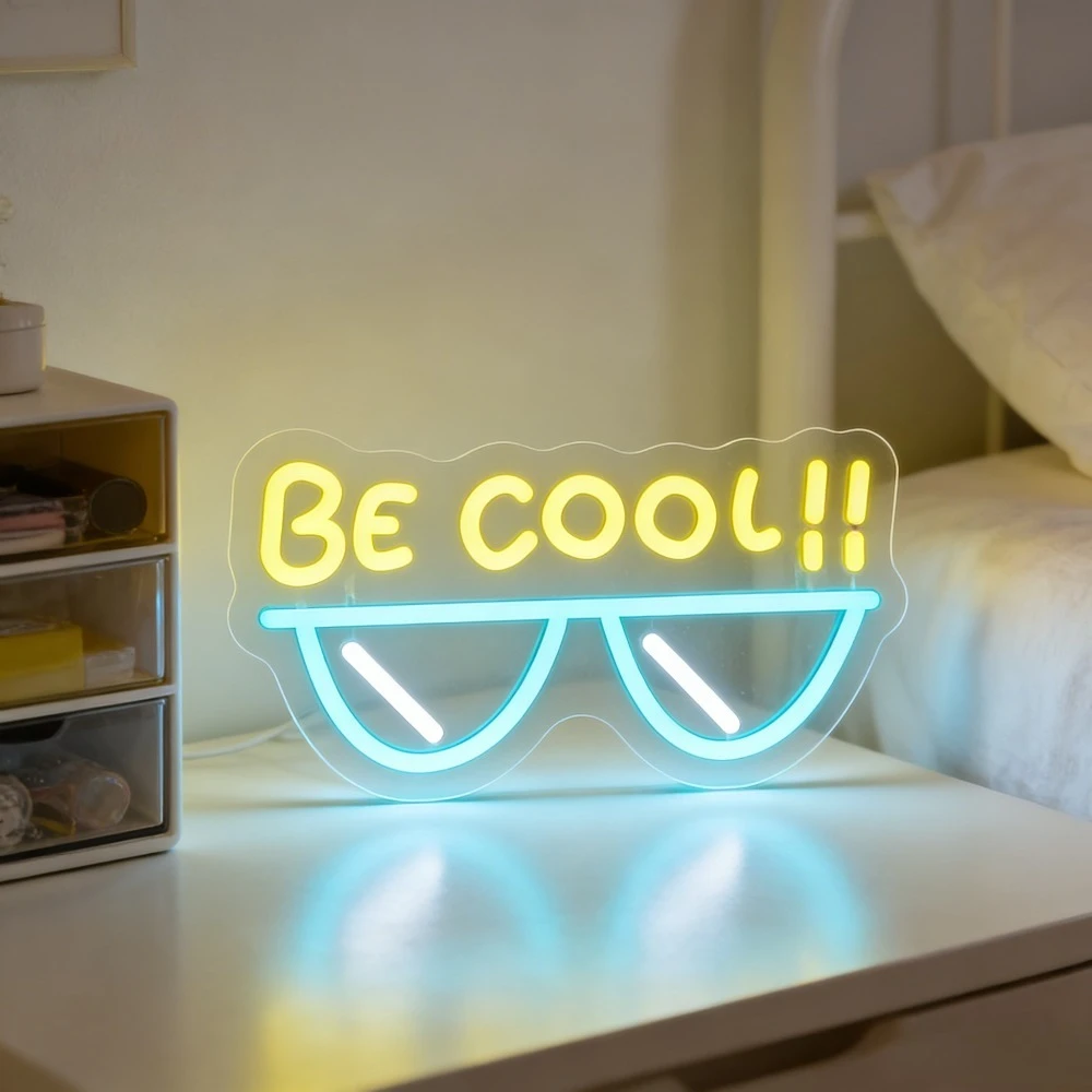 

Неоновая LED-вывеска в форме солнцезащитных очков Be Cool, USB, с регулировкой яркости, сине-желтая, настенный светильник для комнаты подростков, летних вечеринок, модный декор, подарки для детей