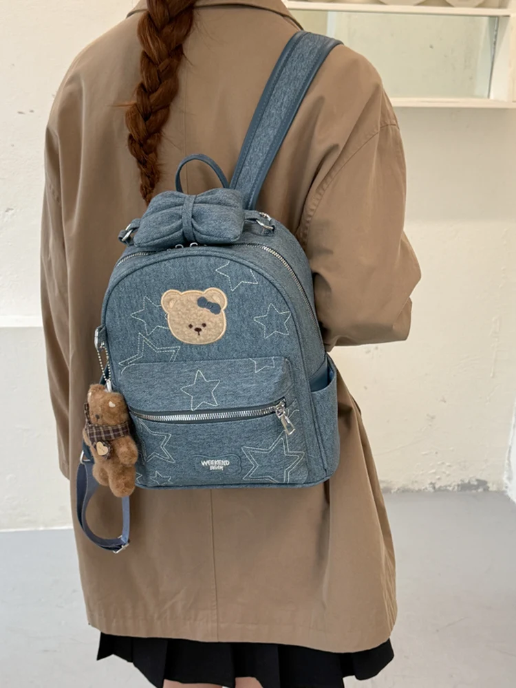 可愛い漫画刺繍入りクマのバックパック-大容量通勤旅行バッグ-レディース-2026年新作-スクールバッグ-ツーリストバックパック