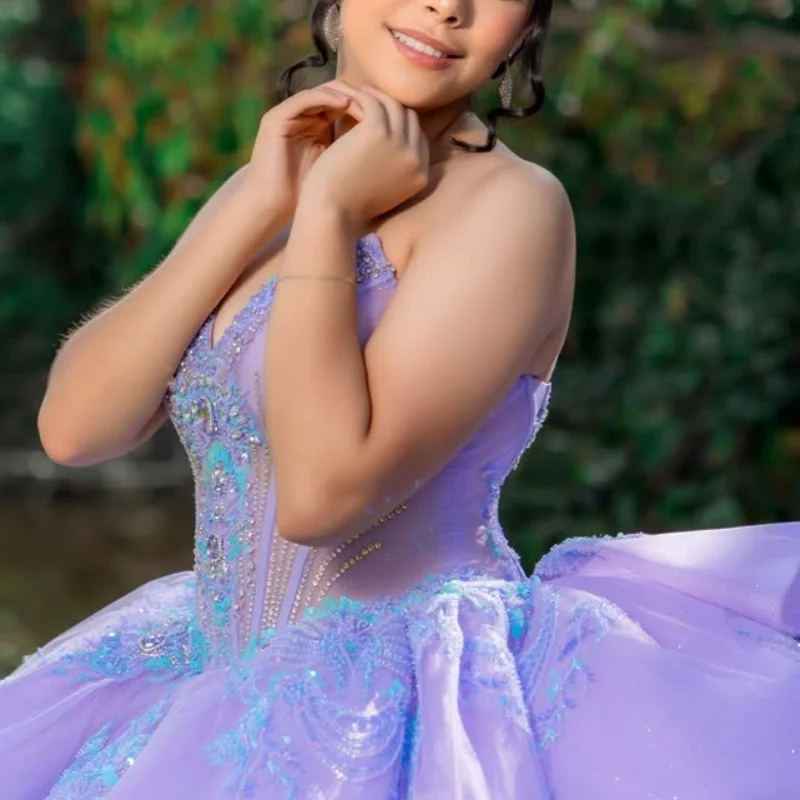 

Customized lavender Quinceanera Dresses Off the Shoulder glitter decal Tull Long tail Bow Vestido 15 Quinceanera