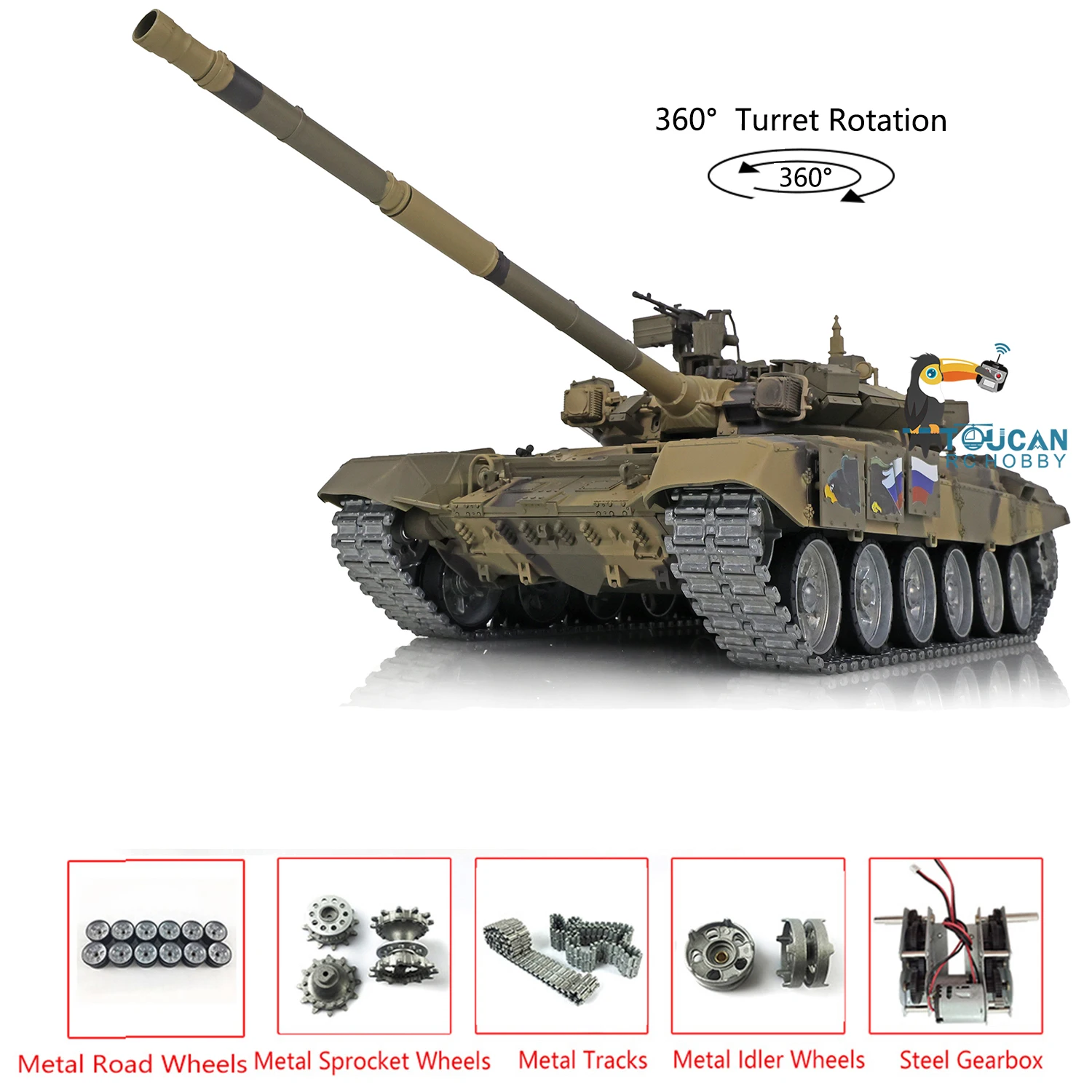 US Stock Heng Long 1/16 7.0 Customized Russia T90 RC Tank 360° Turret Metal Tracks Ready to Run High-performance War Model 3938