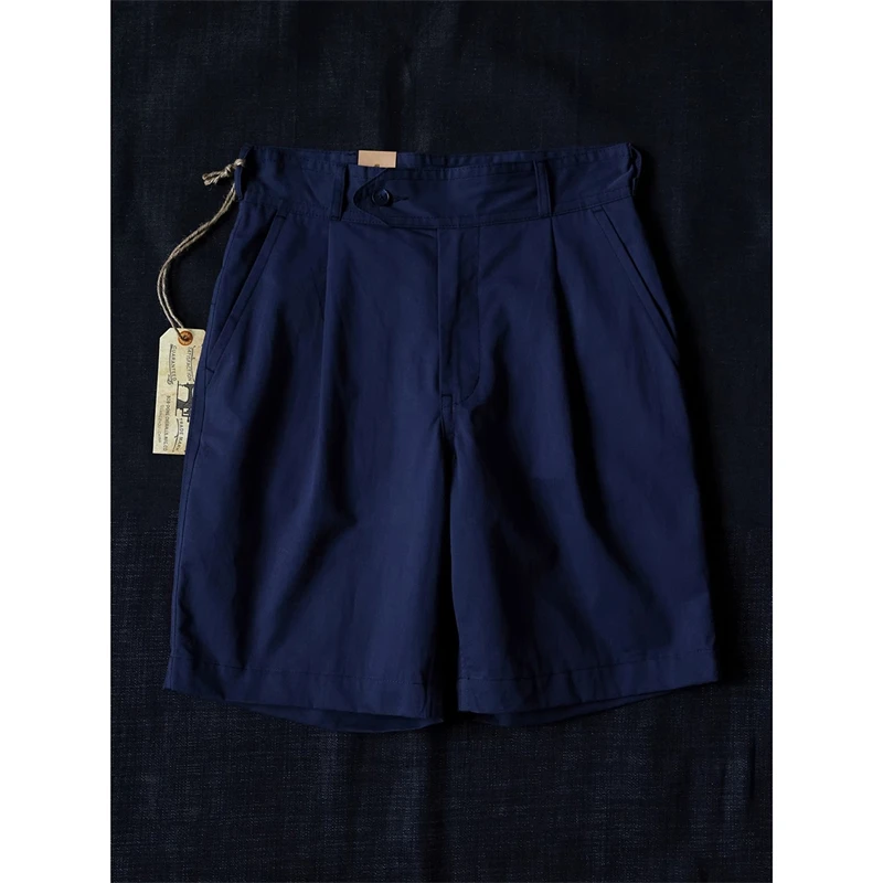 BOB DONG Classic Pleated Chino Shorts High Rise Straight-Leg Gurkha Short Navy Blue