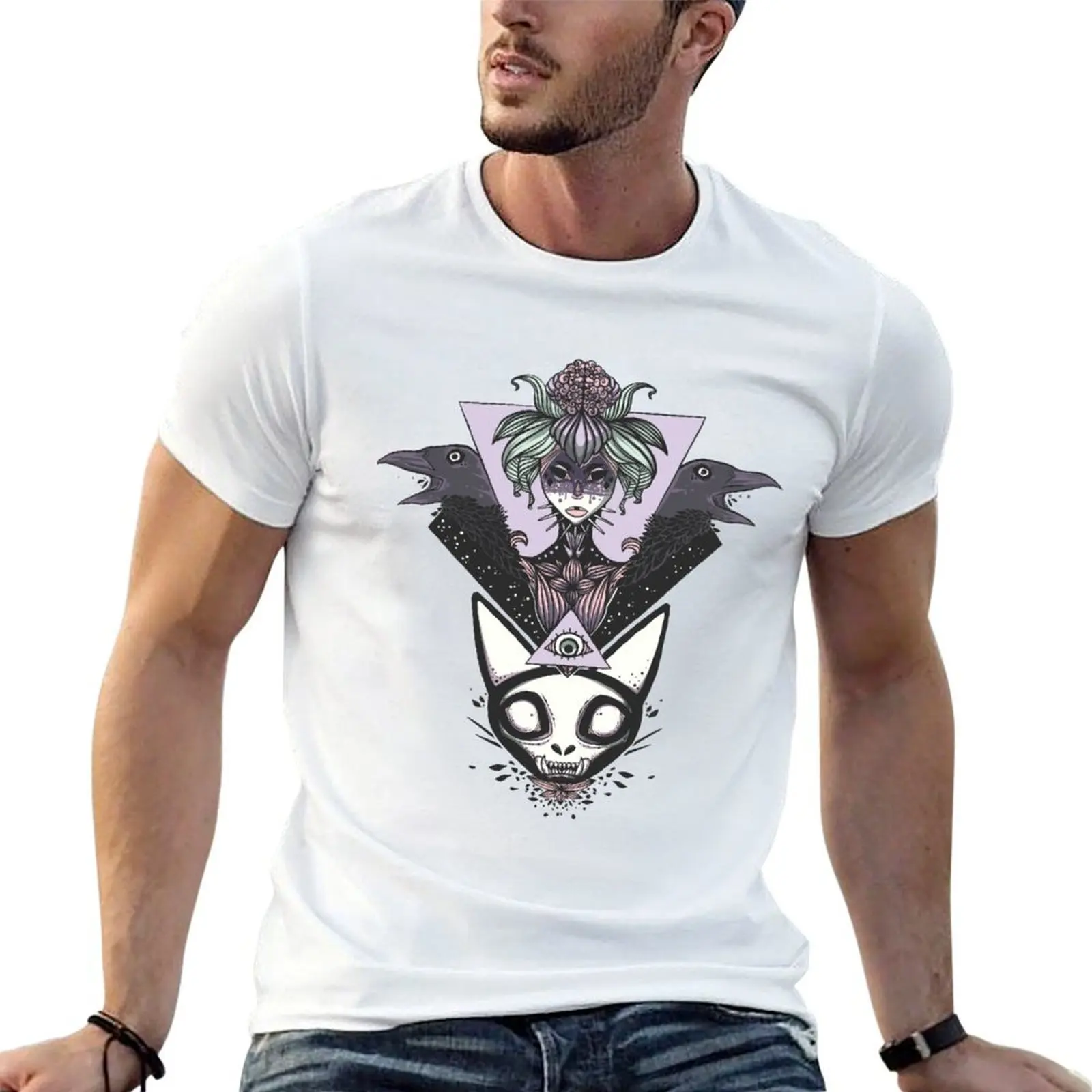 Camiseta con diseño de bruja, cuervos, calavera de gato y ojo que todo lo ve de la Providencia, camiseta de diseñador para hombre