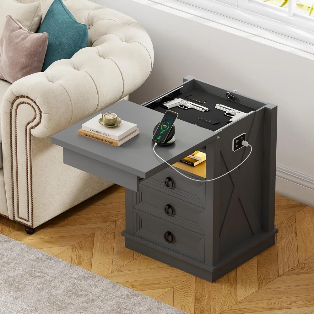 Lockable Gun Drawer Nightstand in 3 Colors with Dimmable LED and Charging Station, Bedside Table with Human Sensor