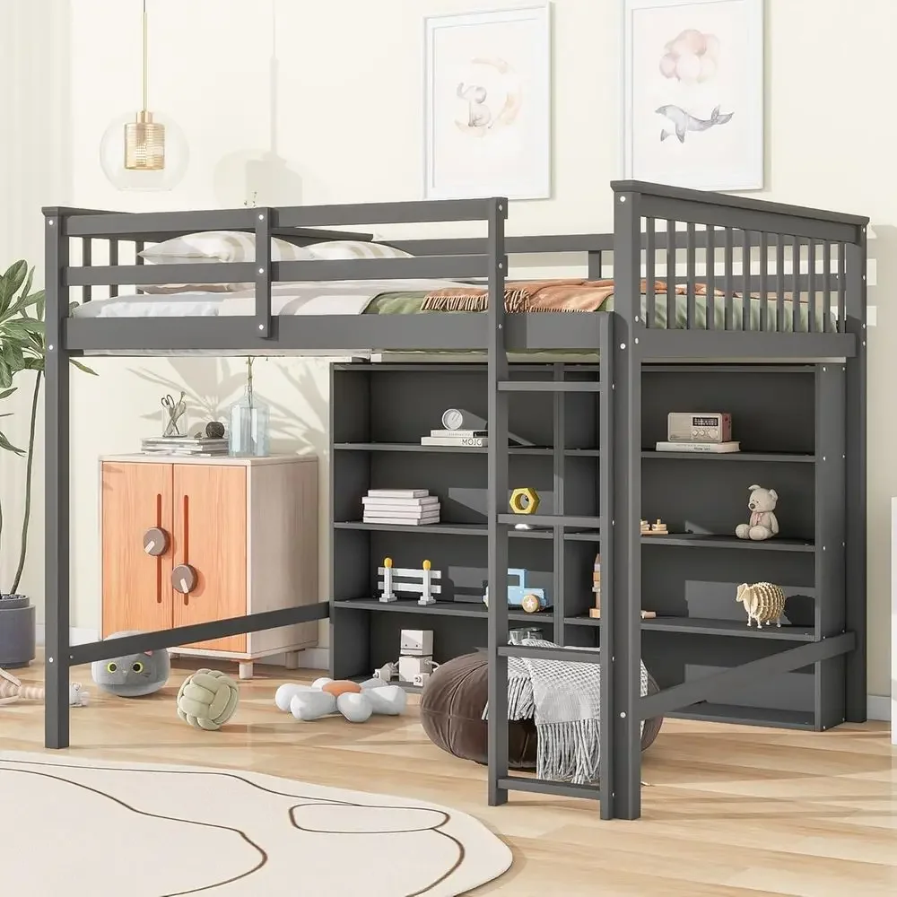 Full-Size Wooden Loft Bed with Shelves, Built-in Ladder, and Guardrails - Space-Saving Gray for Kids, Teens, and Adults, No Box