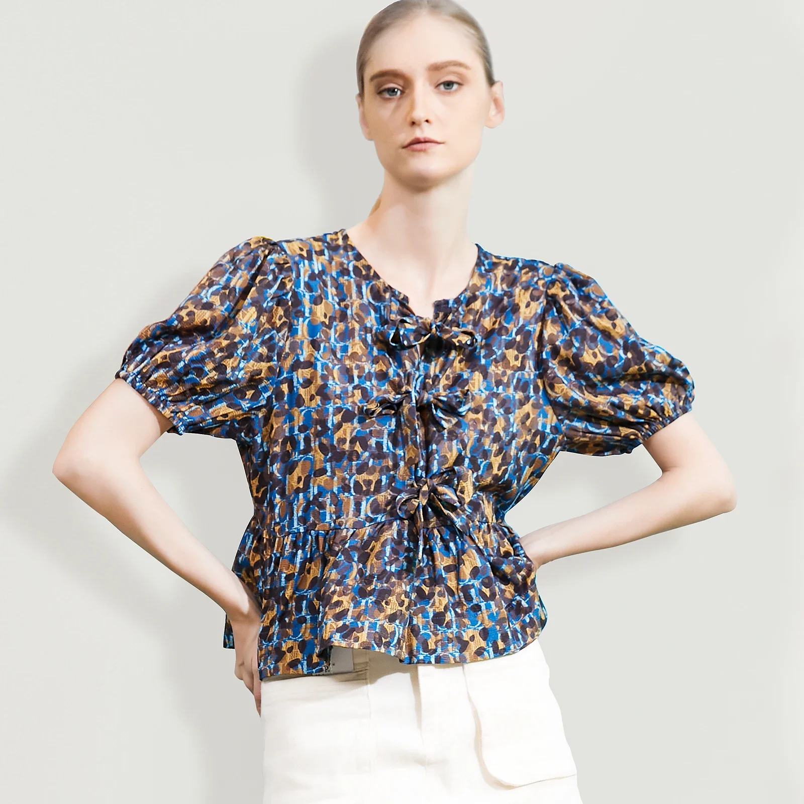 

Multicolor Women's Shirts Casual Shirt Mini Top Lace-Up Hollowing Out Waist Slimming Fashion Office Ladies Short Sleeved Blouses