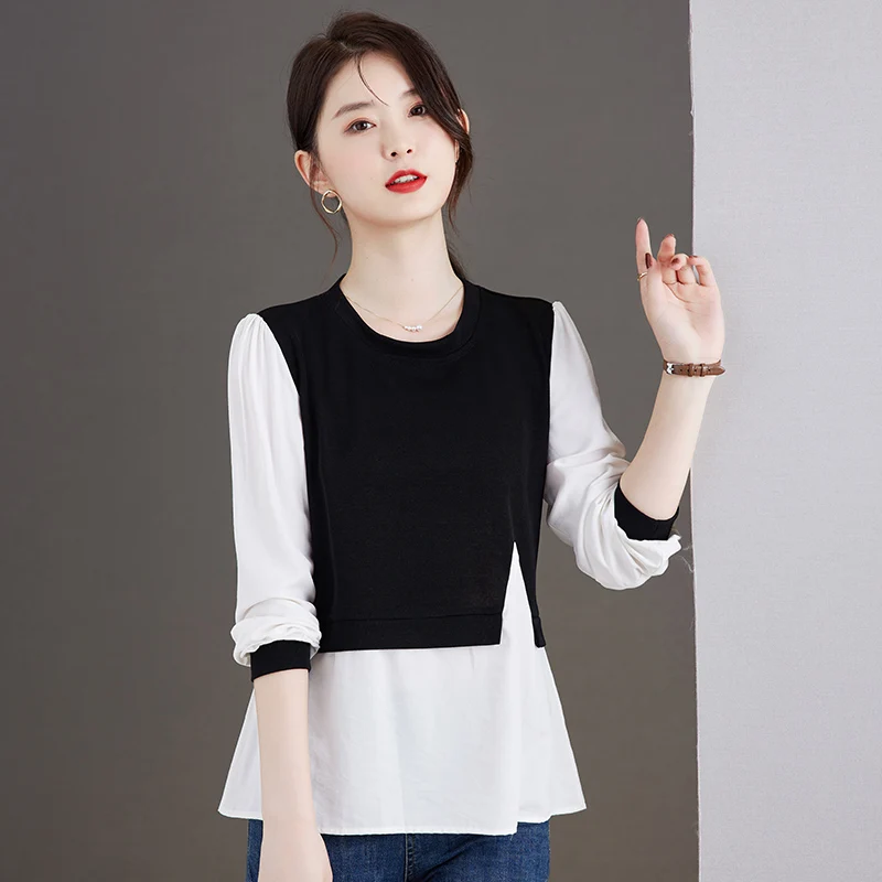 Spring And Autumn Women'S New Round Neck Fashion Versatile Fake Two Piece Shirts Female Casual Loose Long Sleeve Underlay Lady