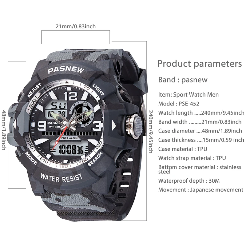 Military Men Sport Watches Multifunction Big Dial Waterproof Digital Hand Clock Boy Original Tactical Camouflage Wristwatch Male