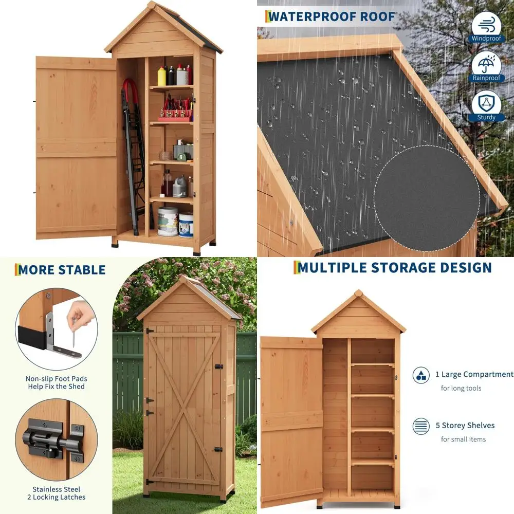 

Водонепроницаемый уличный деревянный навес для хранения вещей с 63, вертикальным шкафом, 4 полками и запирающейся дверью