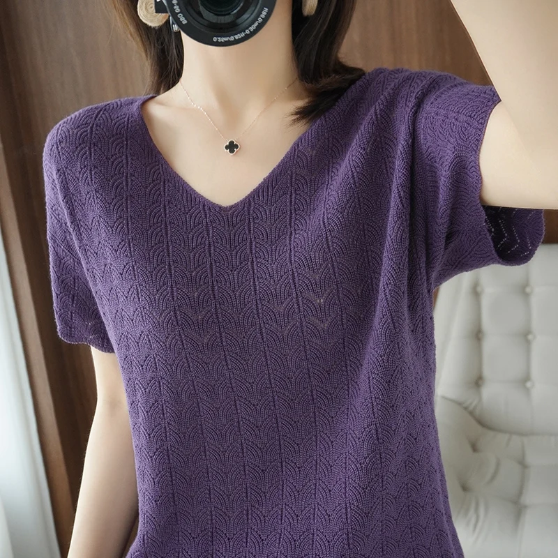 

Cotton Short sleeve T-shirtWomen's V-neck knitting New hollow bottom Topwomen's loose cotton linen half sleevewomen's large size