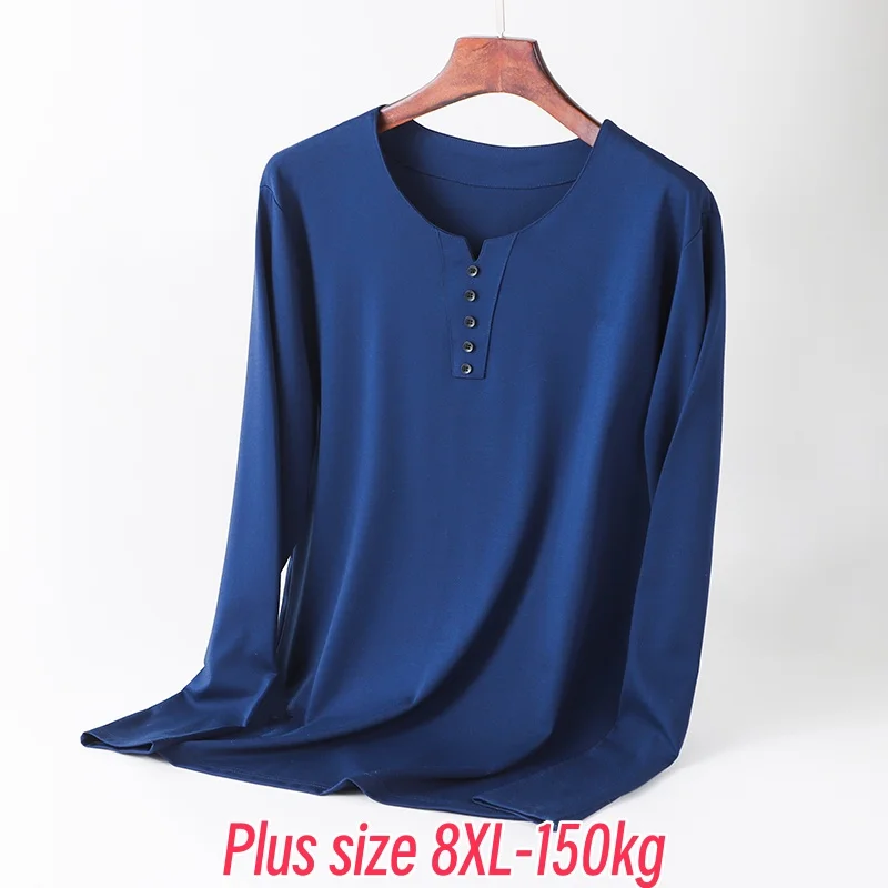 8XL 150kg Plus Size Men Cotton Clothes 2025 Spring Large Size Button Tops  Long Sleeve Oversize Shirt Fat Male V-Neck Tee Shirts