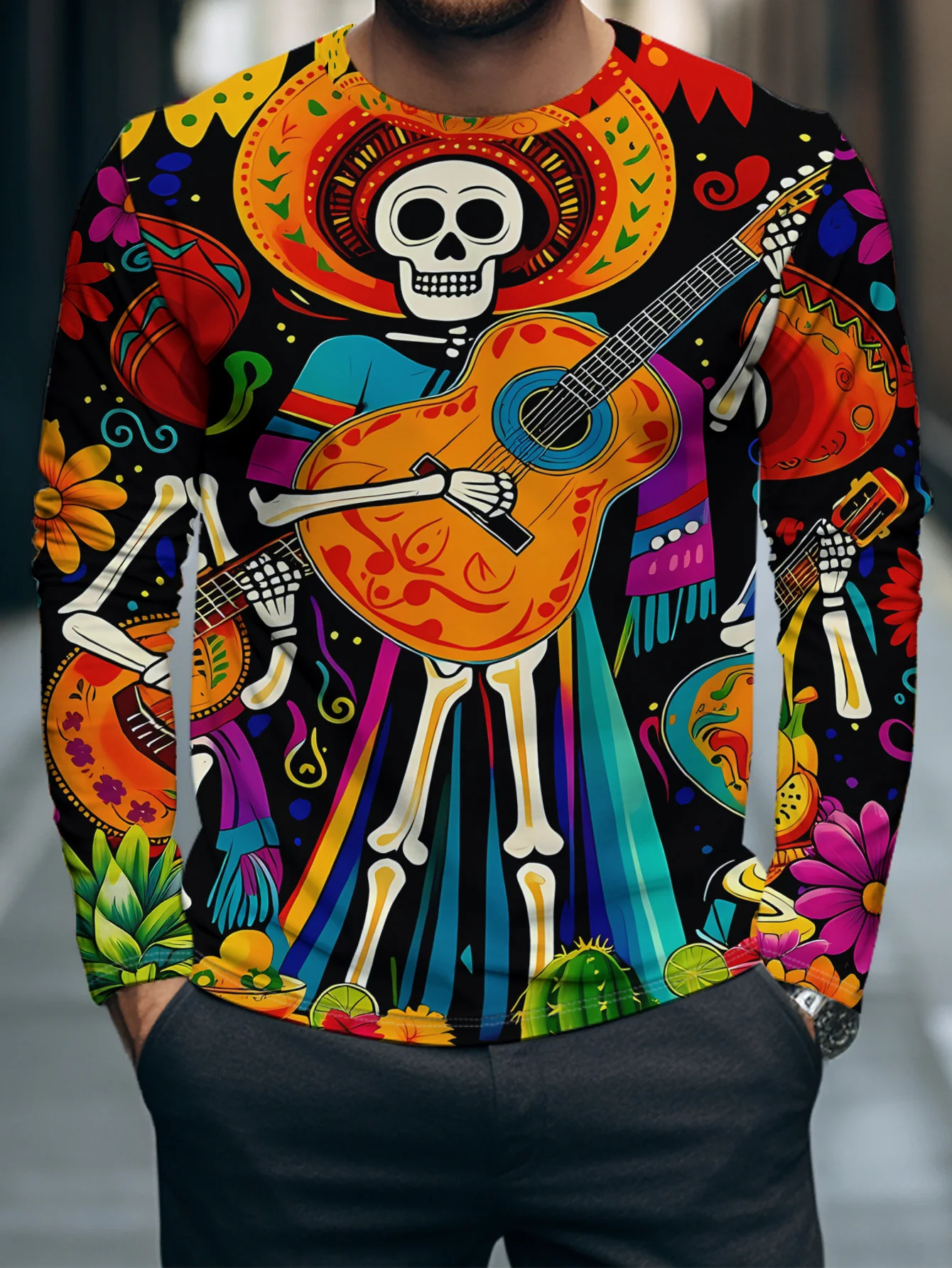 Men Long Sleeve T‑Shirt Day Of The Dead Skeleton Guitar Floral Print Crew Neck Colorful Casual Party Tops