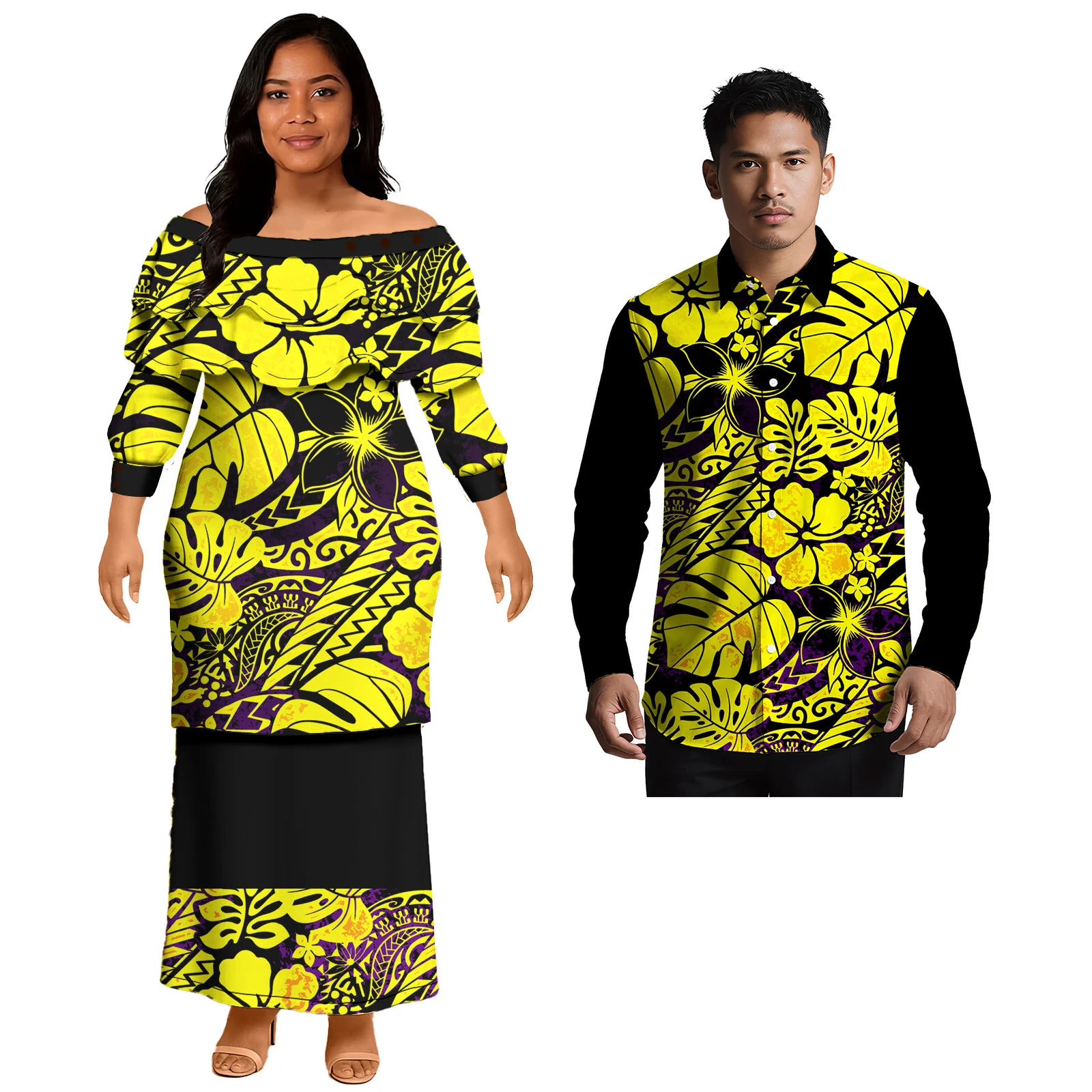 

In Bulk Custom Party Couple Match Outfits Polynesian Men Shirt Samoan Women Maxi Dress 2 Piece Set Hawaiian Sweet Couple Suit