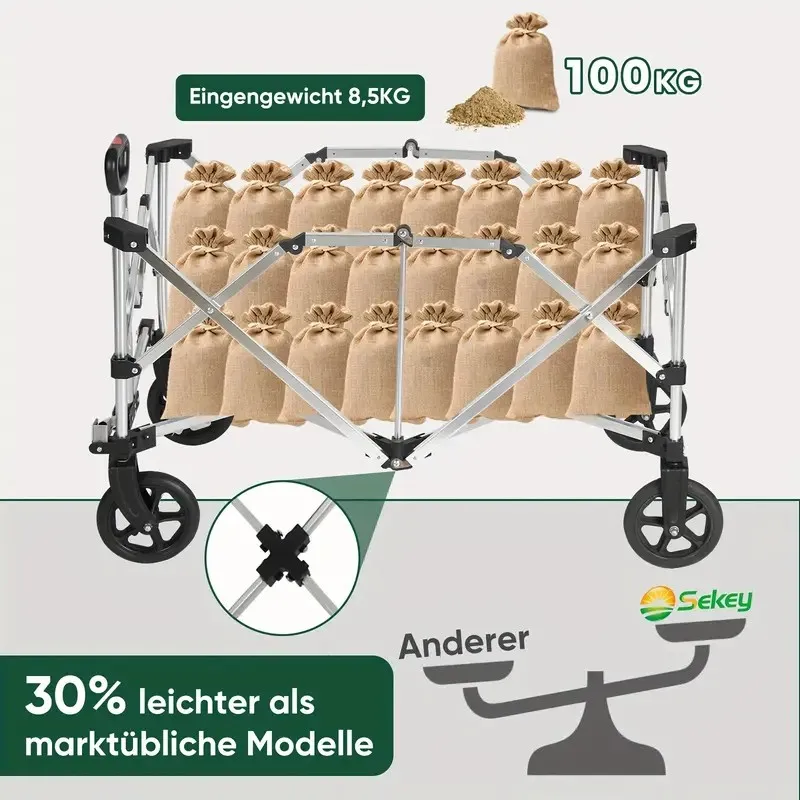 Sekey الألومنيوم Bollerwagen Faltbar XXL 165L، Faltbarer Bollerwagen Leichtgeweng، Klappbarer Bollerwagen Handwagen Faltwagen Be