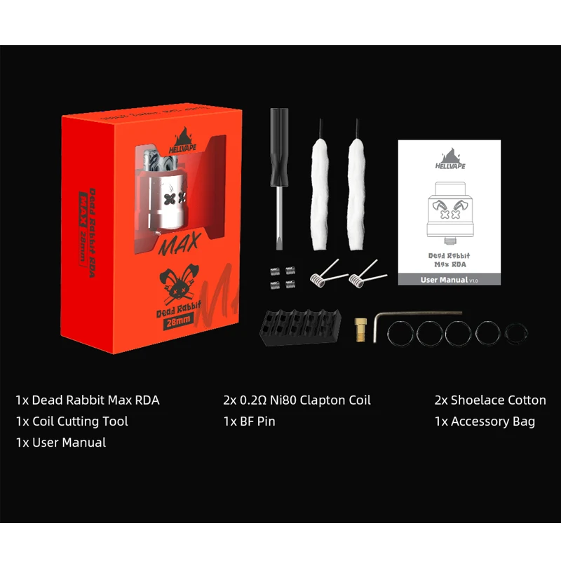 Original Hellvape Dead Rabbit Max RDA Vape Tank Dual Coil 28mm 7ml capacity With 0.2ohm Ni80 Coil DIY Atomizer E-cigarettes