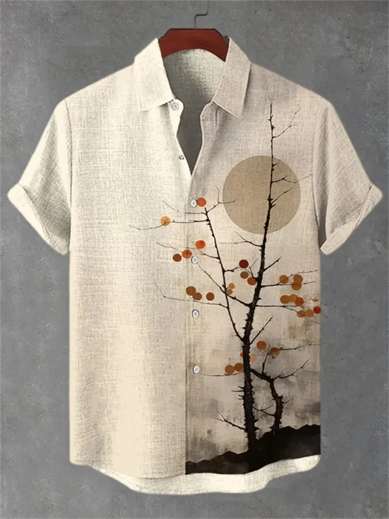 Herren Leinen lockeres Freizeithemd Top Retro Cloud Art Print und Ozean Oktopus Blume Sommer Bohemian Harajuku Retro