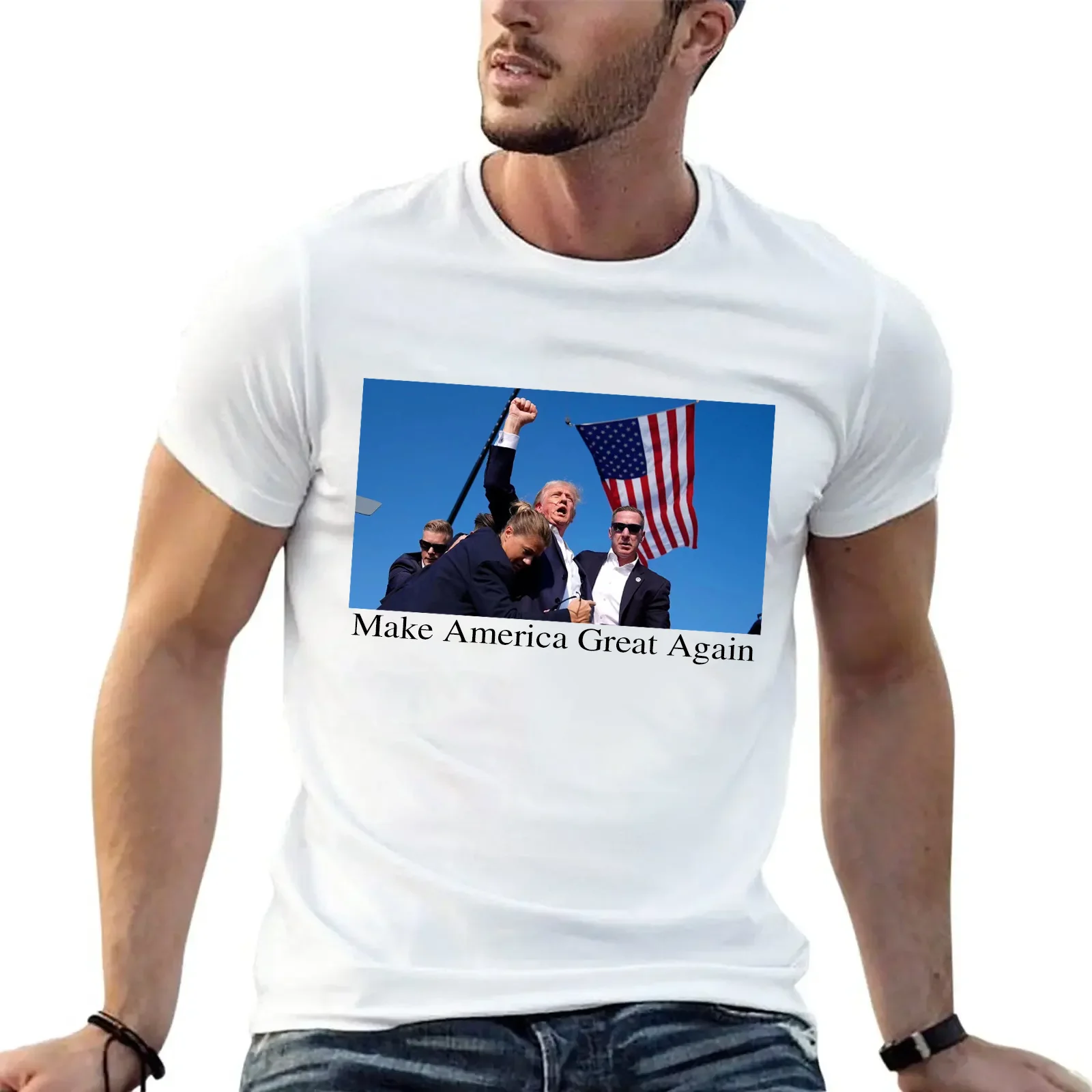 Trump T-shirt commemorating campaign shooting attack  Maga pure cotton round neck top Trump short sleeved trend