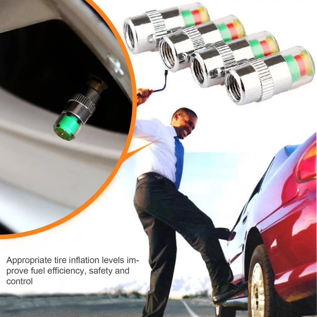 4pcs/set Car Tire Pressure Monitor Valve Stem Caps Air Alert Tire Valve Cap Pressure Sensor Monitor Light Cap Indicator