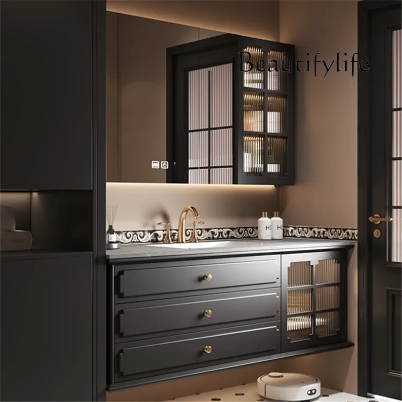 

Q French retro oak bathroom cabinet, toilet, wash basin, washbasin, washstand, rock slab integrated