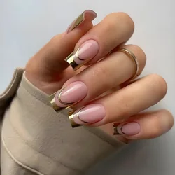 French False Nail Gold Foil Design Short False Nail Patch Nail Art Wearable 24pcs Ins Simple Artificial Nail Tips for Women Lady