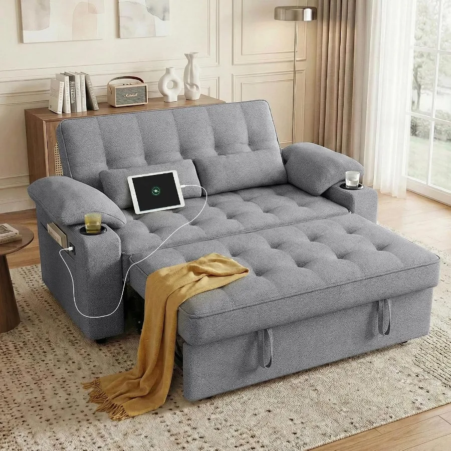 58'' Convertible Sofa Bed with USB Charger and Cup Holders, Teddy Fabric Loveseat Pull Out Couch with Adjustable Backrest and S