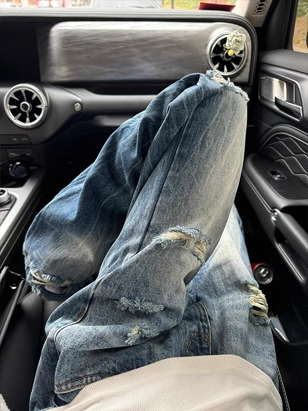 

Мужские джинсы-клеш в стиле ретро, синие, с эффектом потертости, с американским принтом в виде молнии, прямые длинные брюки Cleanfit, молодежная мода