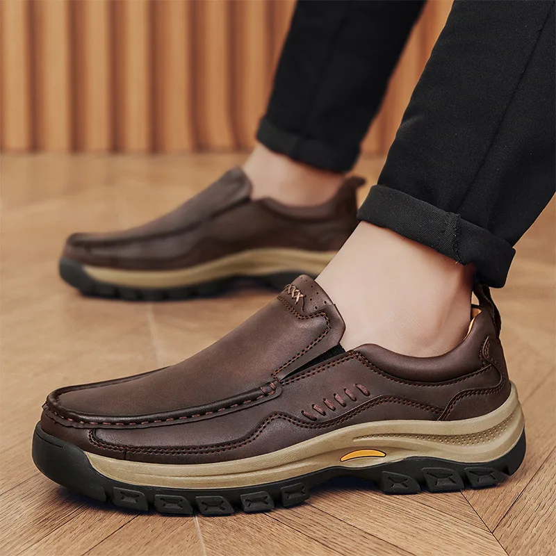 Men's Hand-Stitched Fashion Loafers Solid Color Low-Top Casual Shoes Simple Trendy Slip-On Sneakers Daily Office Business Shoes