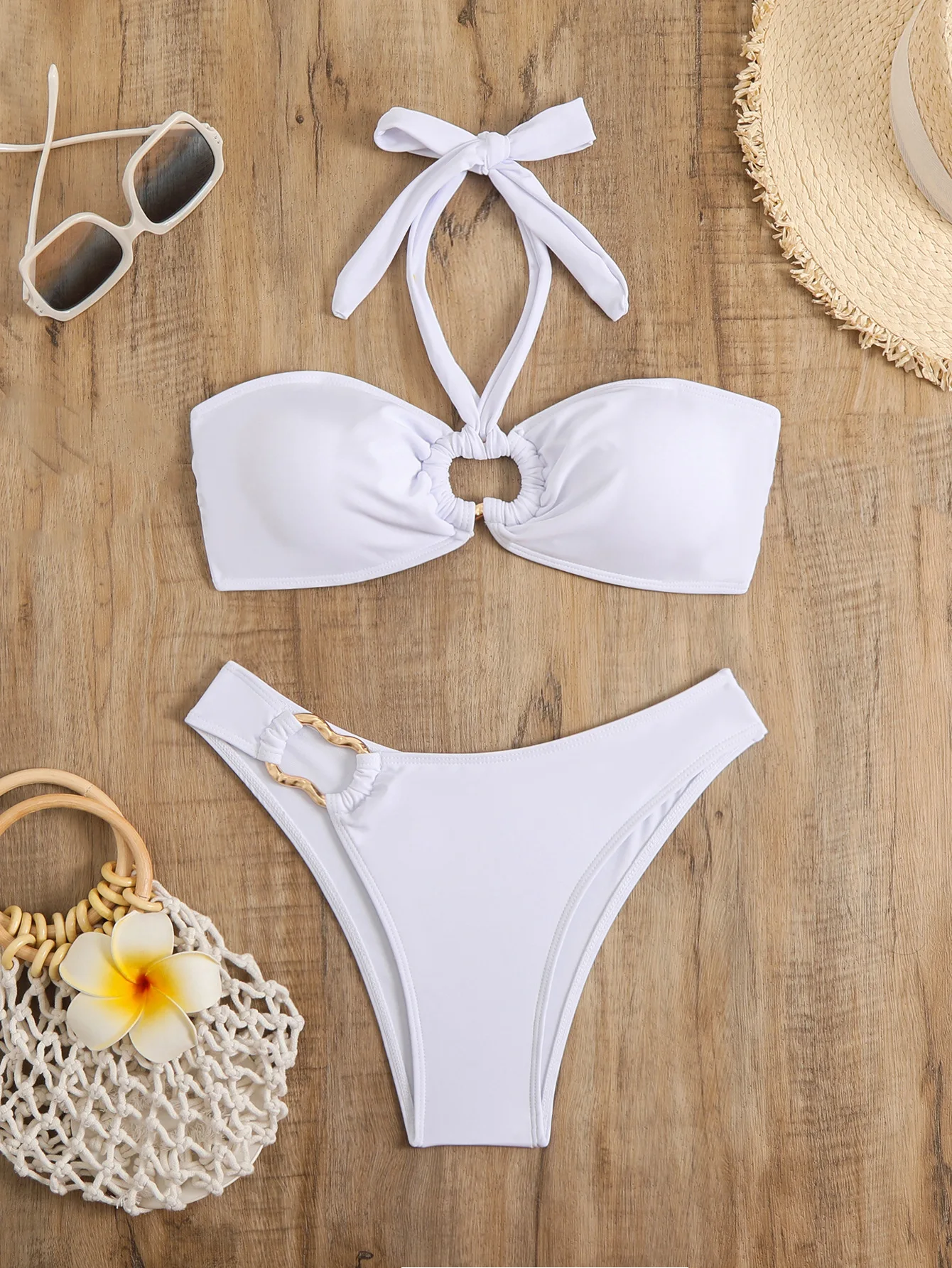 Sexy Bandeau Push Up Bikini Swimwear Women Halter Bandage 2Piece Swimsuit Ring Linked Beach Bathing Suit Biquini Maillot De Bain