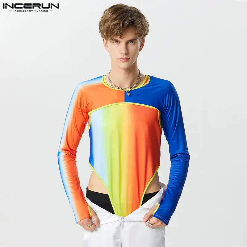 

Fashion Casual Style Bodysuits INCERUN New Mens Color Gradient Jumpsuit Male Hot Selling Two-piece Triangular Rompers S-5XL 2023