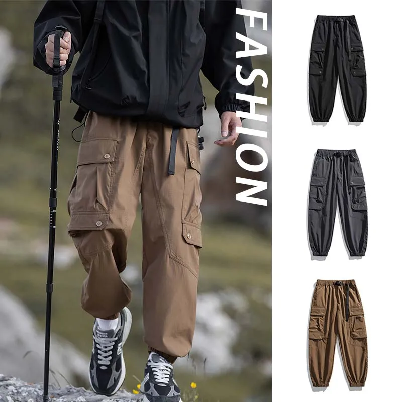 New Men's Waterproof Hiking Pants Breathable Antifouling Loose Fit Cargo Pants Elastic Waistband Casual Camping Sport Pants