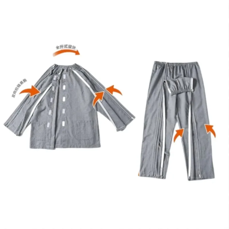 Fully zippered Patient uniform Long sleeve Nursing clothing easy to wear Patient suit Hospital Top Pants set Solid Shirt Trouser