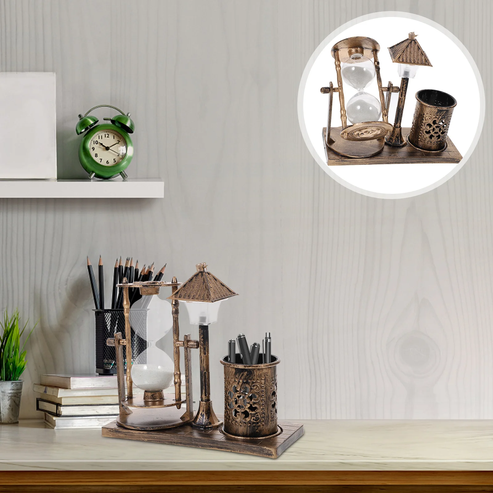 

Sand Glass Holder Golden Vintage Led Desk Organizer Led Sand Glass Night Light Decor For Home Office Kids Gift