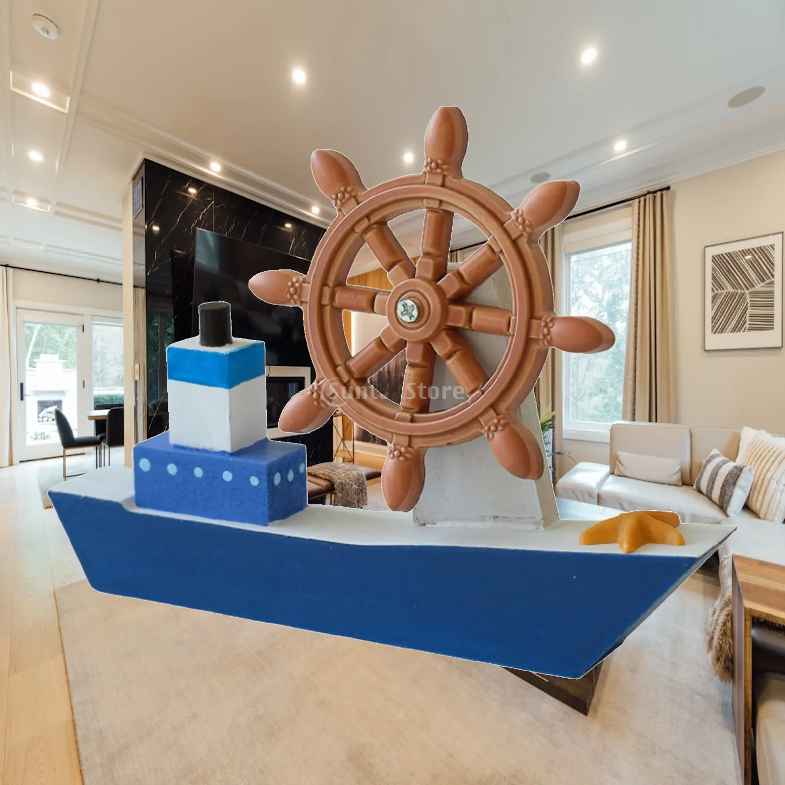 Wooden Sailboat Model Beach Theme Gift with Steering Wheel Ship Sailing Boat Decor Nautical Rudder for Hotel Bookcase Cupboard