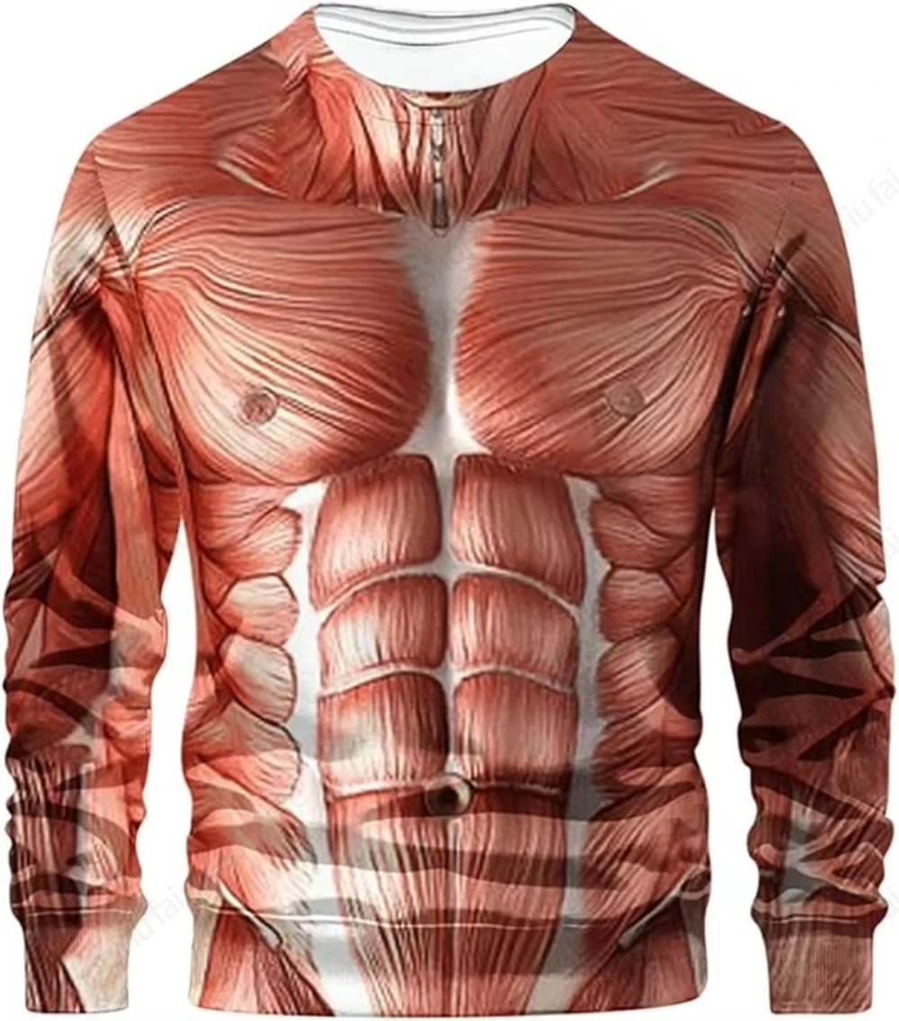 Crewneck Long Sleeve T-shirt 3D Funny Muscle Body Printed T-shirts Slim Oversized T shirt Men Tops Ugly Chest Hair Tops Tees New