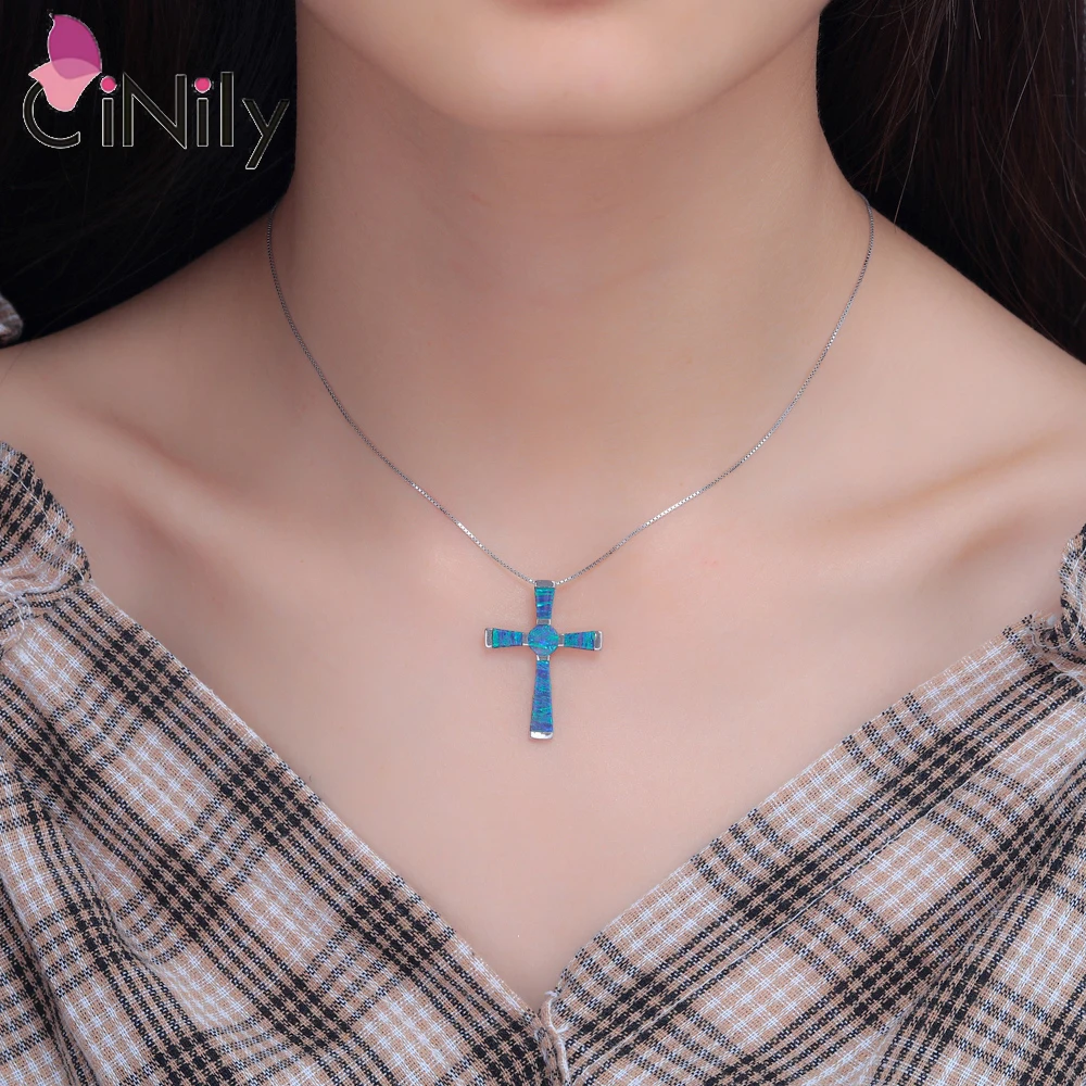 CiNily مكون الأزرق البرتقالي النار أوبال القلائد الفضة مطلي الصليب للنساء الأزياء والمجوهرات عيد الميلاد قلادة (مع قلادة)