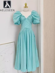 AELESEEN Fashion Designer Summer Puff Sleeve Women V-Neck Slim High Waist Pleated Patchwork Elegant Long Party Vacation