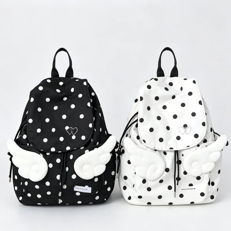 Sweet Cute Angel Wing Decoration Backpack Korean Contrasting Polka Dot Shoulder Bag Lightweight Large Capacity Student Backpack