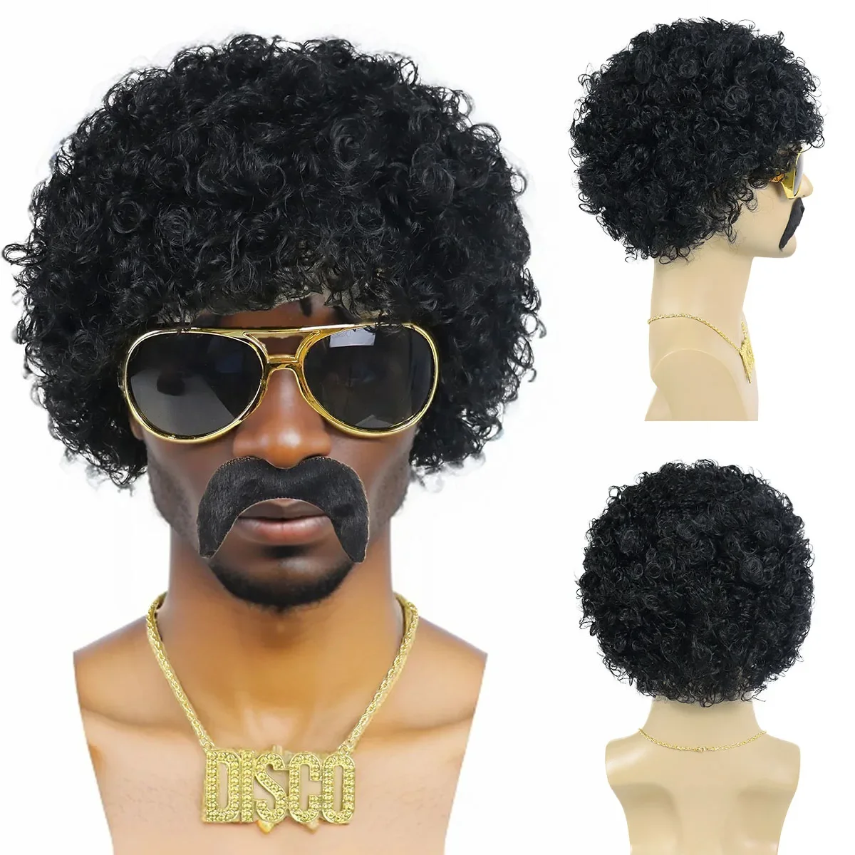 Synthetic Black Afro Curly Wigs Halloween Costume Men 70s 80s Disco Brother Colly Set Mustache Beard Wig with Glasses Necklace