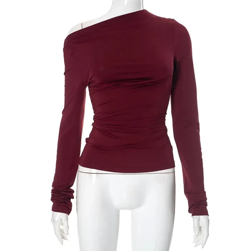 2025 New Vintage Sexy Tops Off Shoulder Long Sleeve T-shirt Women's Elegant Autumn Winter Spicy Girl Slim Fit Short Red Crop Top
