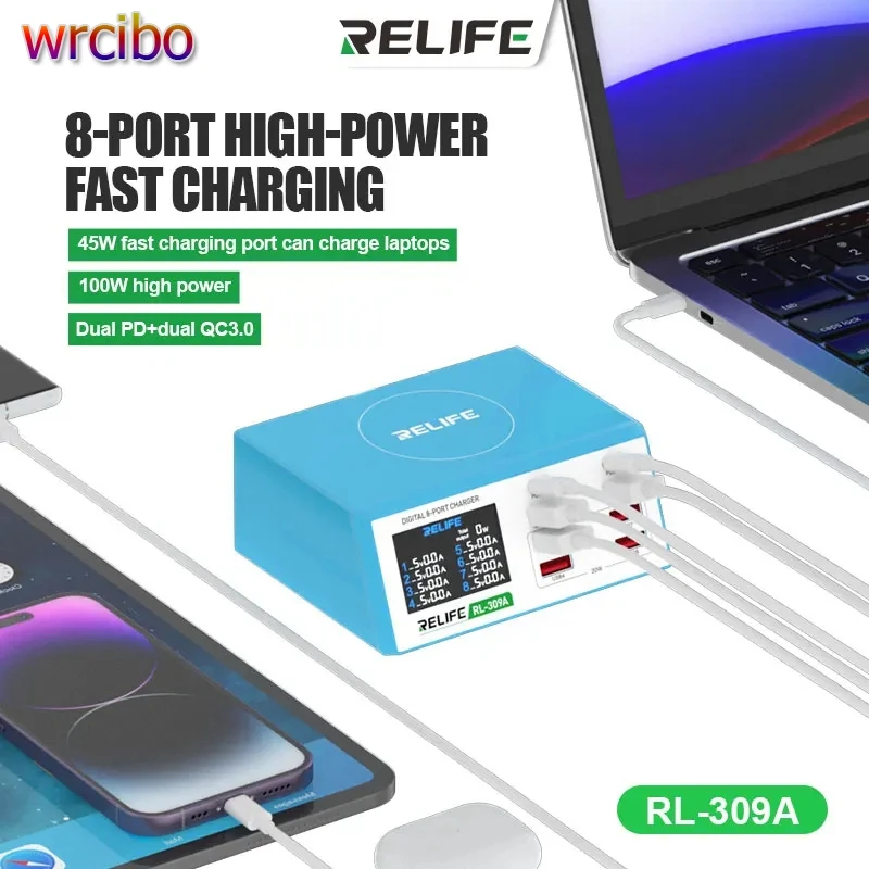 

Relife RL-309A 100W High Power 8-Port Desk Fast Charging Power Supper Dual PD+QC 3.0 For Mobile Phones/Tablets/Laptops Charging