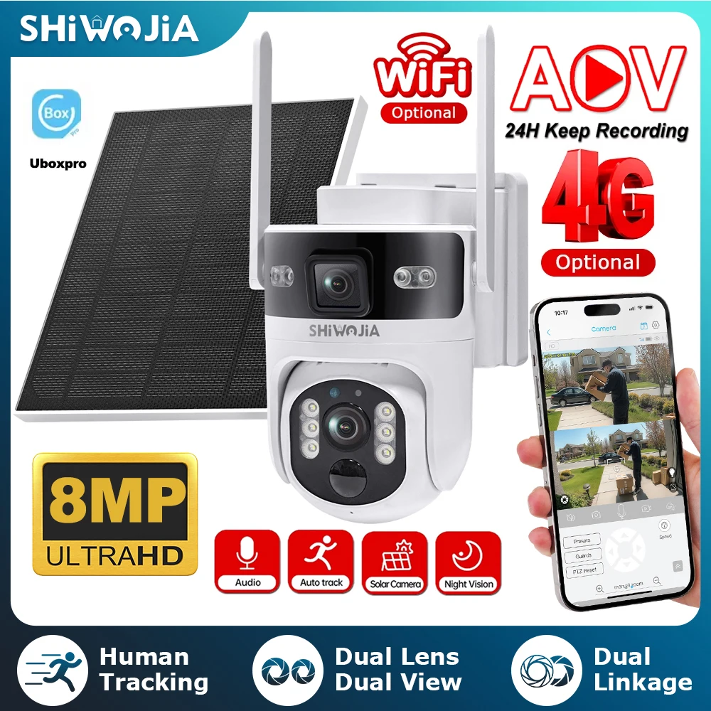 

SHIWOJIA 8MP AOV Solar Battery Camera 4G SIM 7/24 Hours Recording Wireless WIFI Security PTZ Camera Dual Lens PIR Night Vision