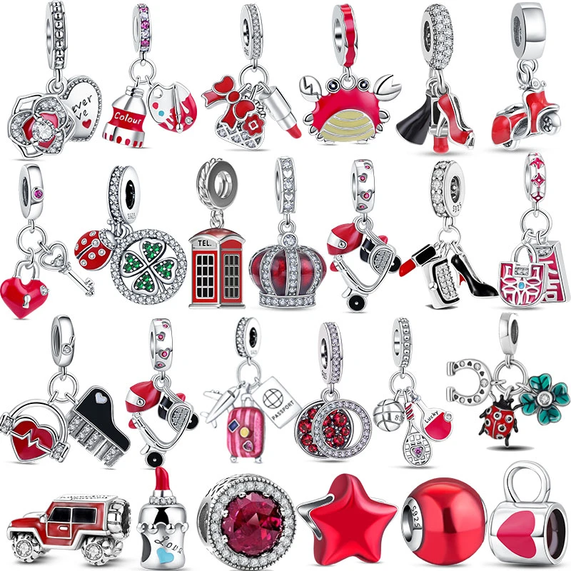 Red Series 925 Sterling Silver Sparkling Hearts Lock Key Piano Rose Dangle Charm Bead Fit Original Pandora Bracelet DIY Jewelry