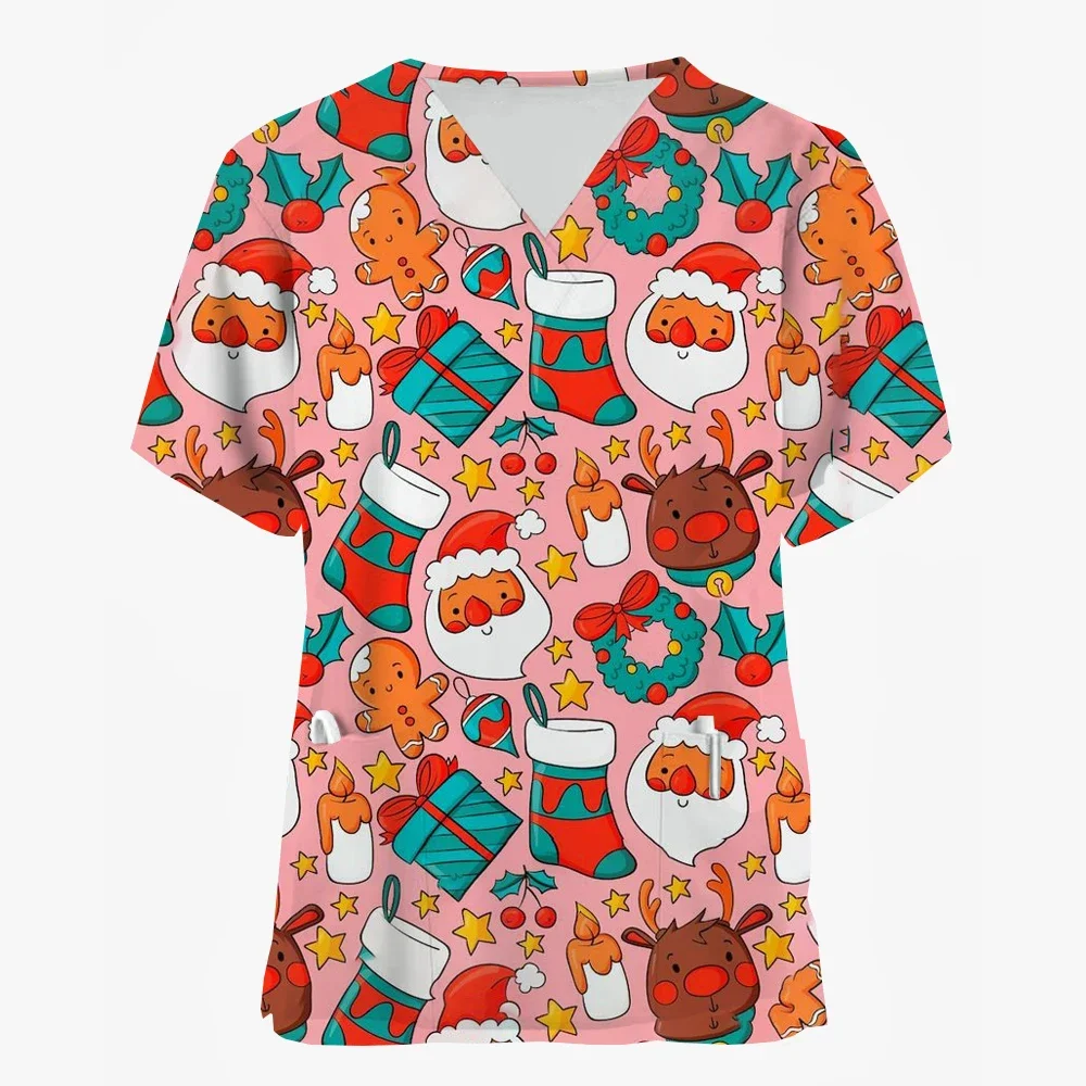 Surgical Uniforms Holidays Christmas Prints Style Pocket Design Surgical Costume Woman V-Neck Short Sleeve Nurse Medical Uniform